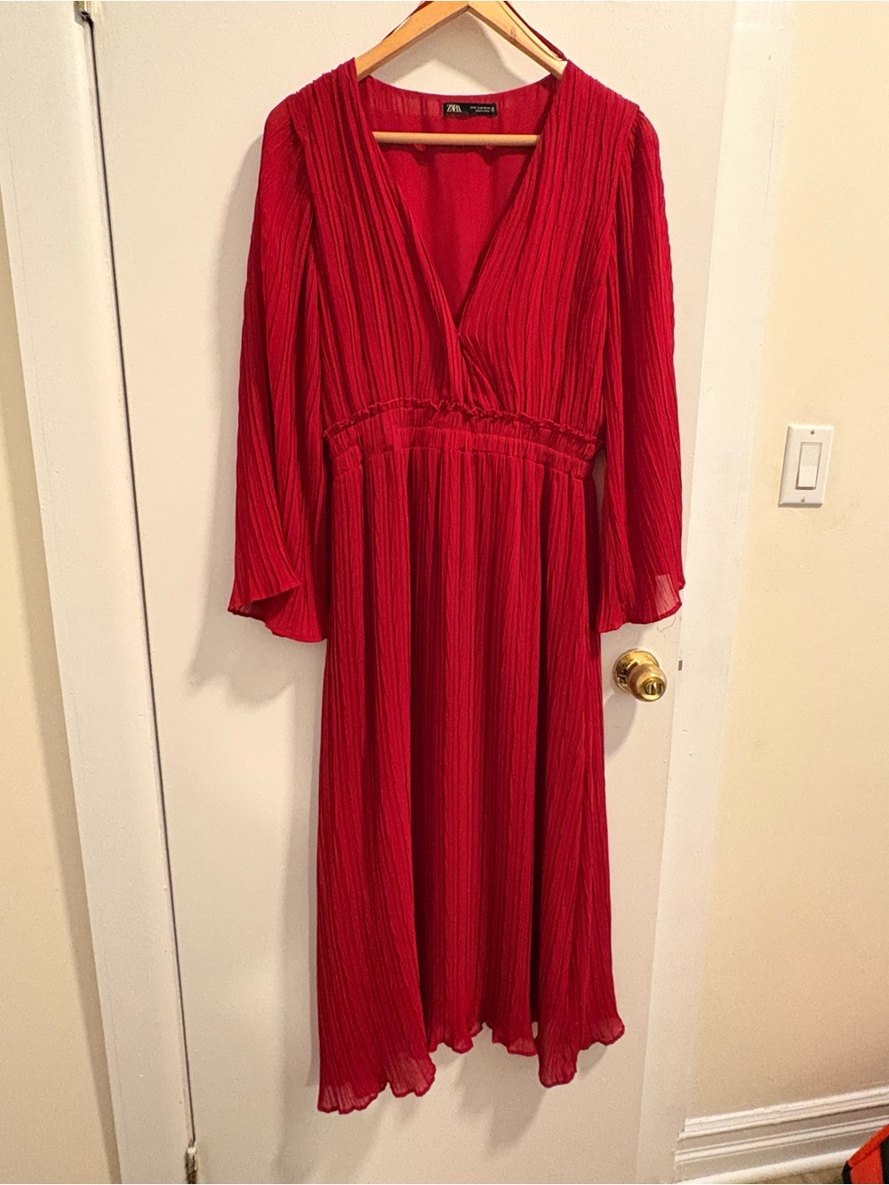 Zara Scarlet Pleated V-Neck Midi Dress